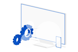 Isometric drawing of a computer, mobile phone and gears.