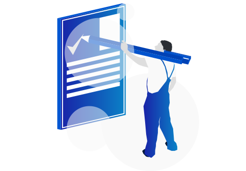 Isometric image, showing the process of web design. He is blue, holding a pen and ticking of a contract.