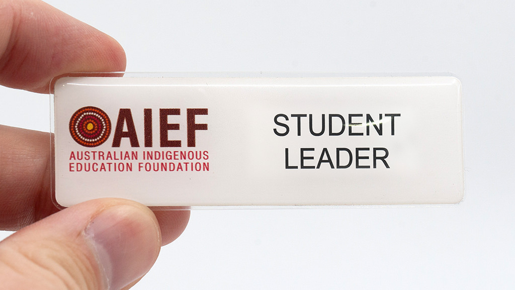 AIEF Australian Indigenous Education Foundation student leader name badge with white background and custom logo